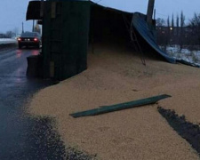 В Кривом Роге в результате ДТП перевернулся грузовик с зерном