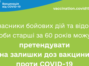 Учасники бойових дій та відомі люди, старші за 60 років, можуть претендувати на залишки доз вакцини проти COVID-19