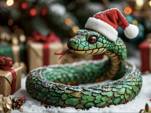 Змія в новорічній шапці, фото ШІ з відкритих джерел