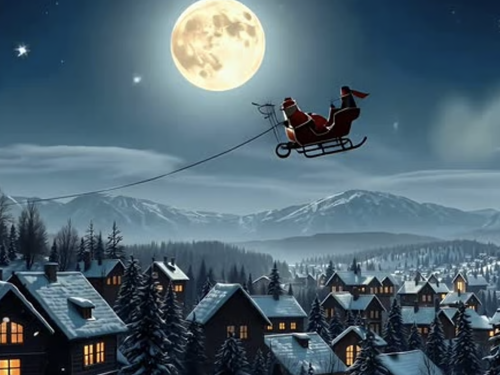 Санта-Клаус летить у санях над нічним містом - фото з відкритих джерел