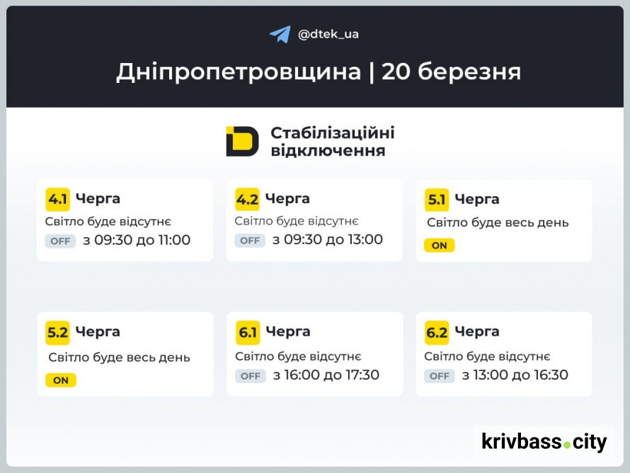 Графіки відключень у Кривому Розі повернулися: коли не буде світла 20 березня