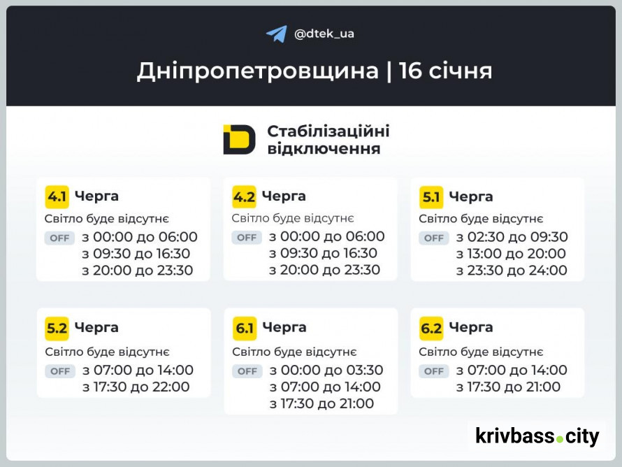 Відключення світла у Кривому Розі 16 січня: як зміняться ГРАФІКИ від ДТЕК
