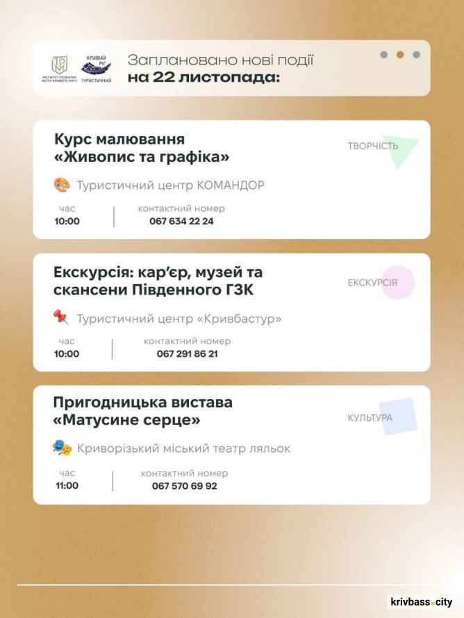 Криворізький вікенд: культурні та туристичні події Кривого Рогу на 22 та 23 листопада