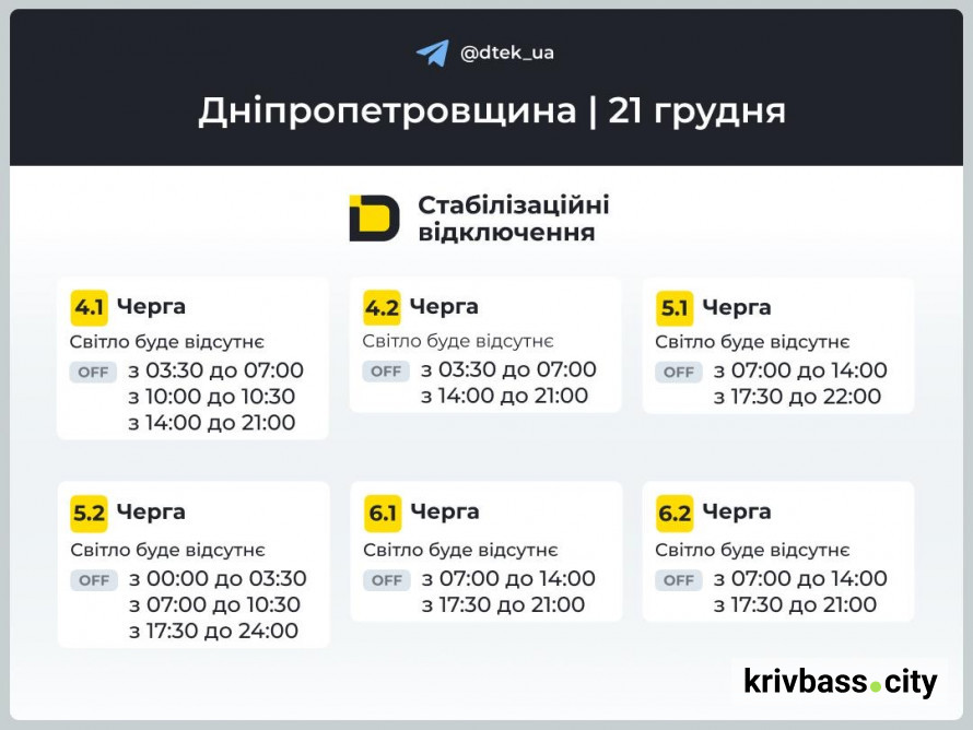 Графіки відключень на 21 грудня для Кривого Рогу: чи збільшиться кількість годин зі світлом