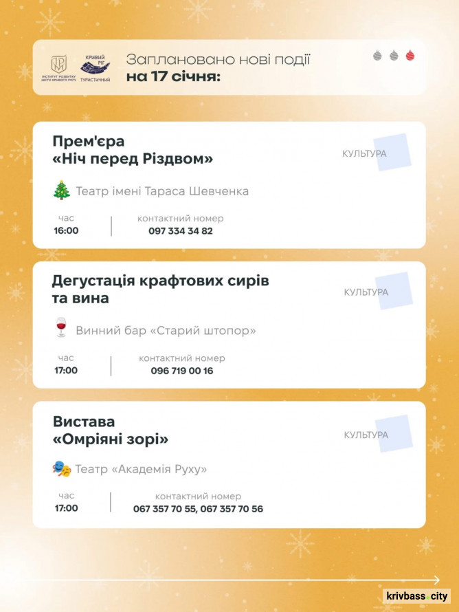Криворізький вікенд: як провести час з рідними 17 та 18 січня в місті