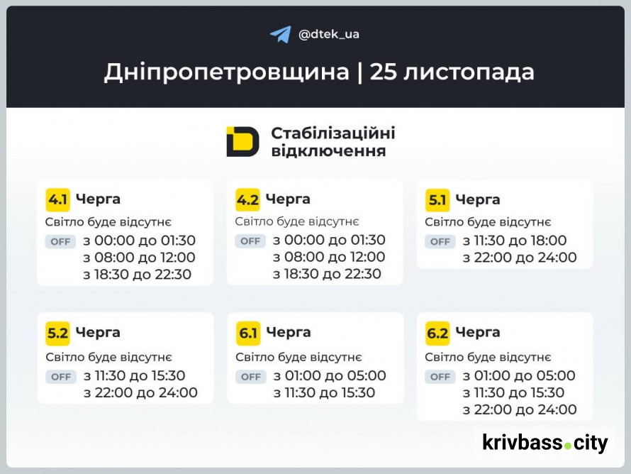 Яка ситуація зі світлом буде 25 листопада у Кривому Розі: ГРАФІКИ від ДТЕК