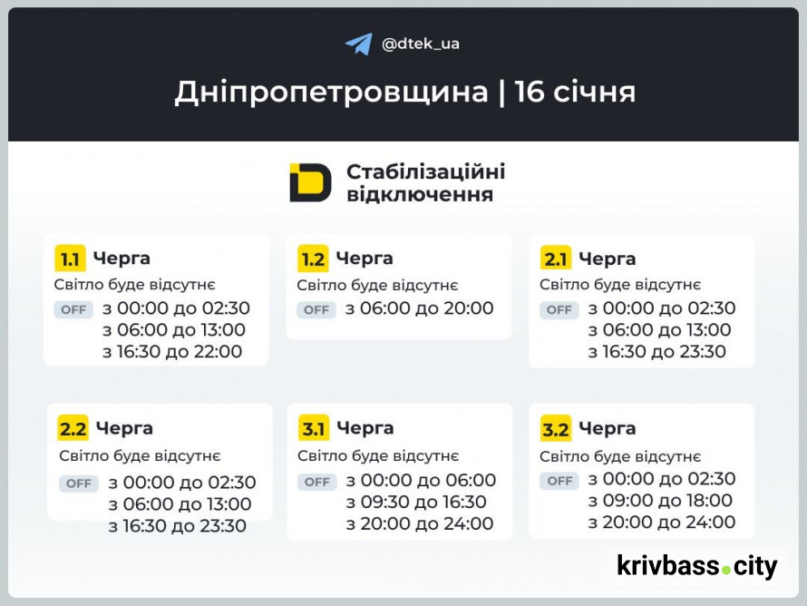 Відключення світла у Кривому Розі 16 січня: як зміняться ГРАФІКИ від ДТЕК