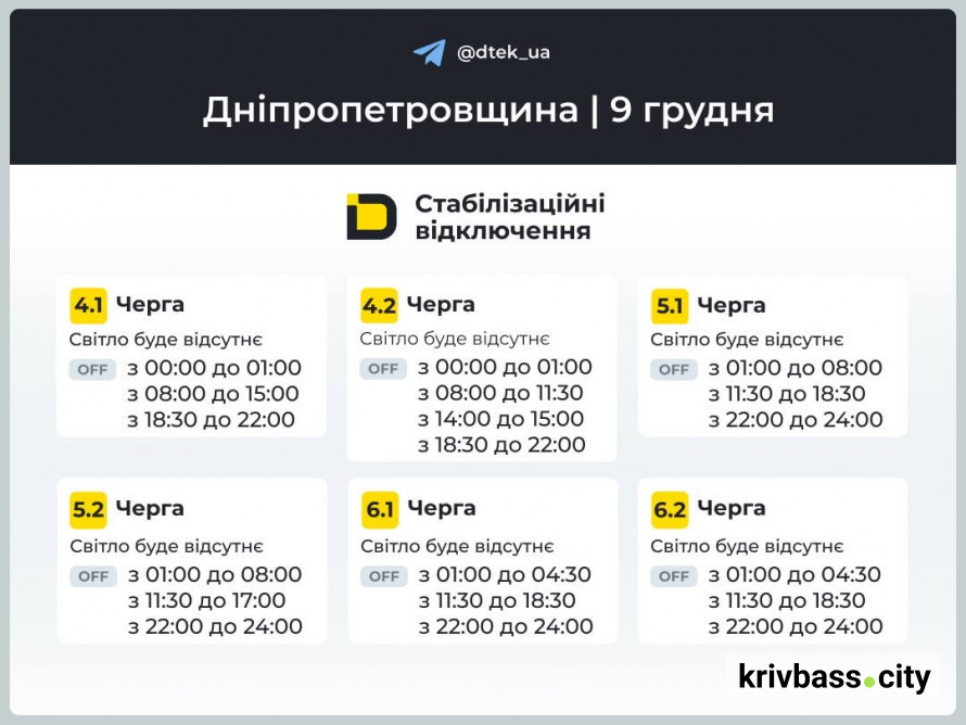 Криворіжці без світла: які графіки відключень прогнозує ДТЕК на 9 грудня
