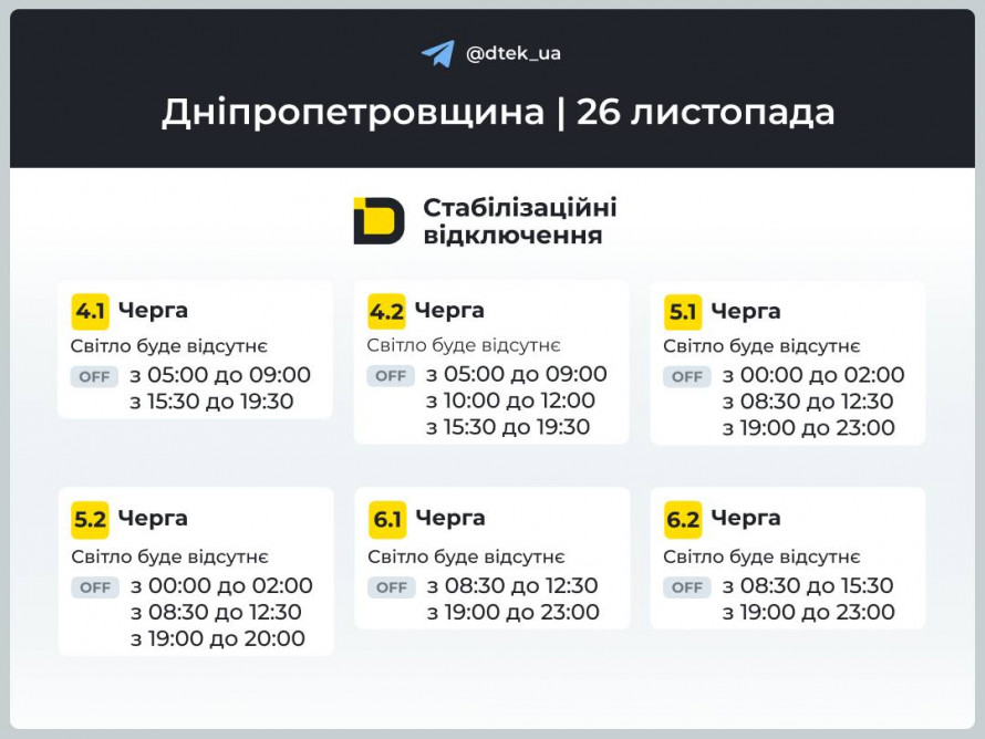 Без світла 26 листопада: ГРАФІКИ відключення світла від ДТЕК для Кривого Рогу