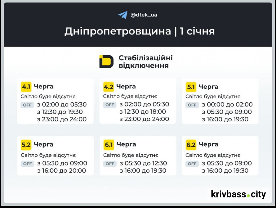 Відключення світла у Кривому Розі: графіки від ДТЕК на 1 січня