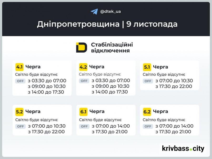 Кривий Ріг без світла: нові графіки від ДТЕК на 9 листопада