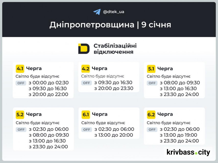 Відключення світла у Кривому Розі 9 січня: чи зміняться ГРАФІКИ від ДТЕК