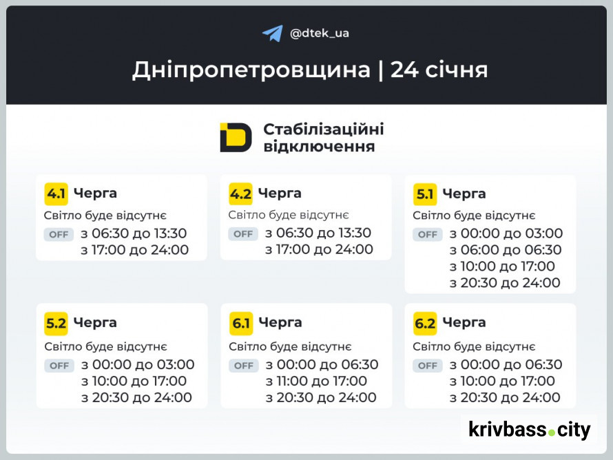 Графіки відключень для Кривого Рогу 24 січня: чи покращиться ситуація зі світло у місті
