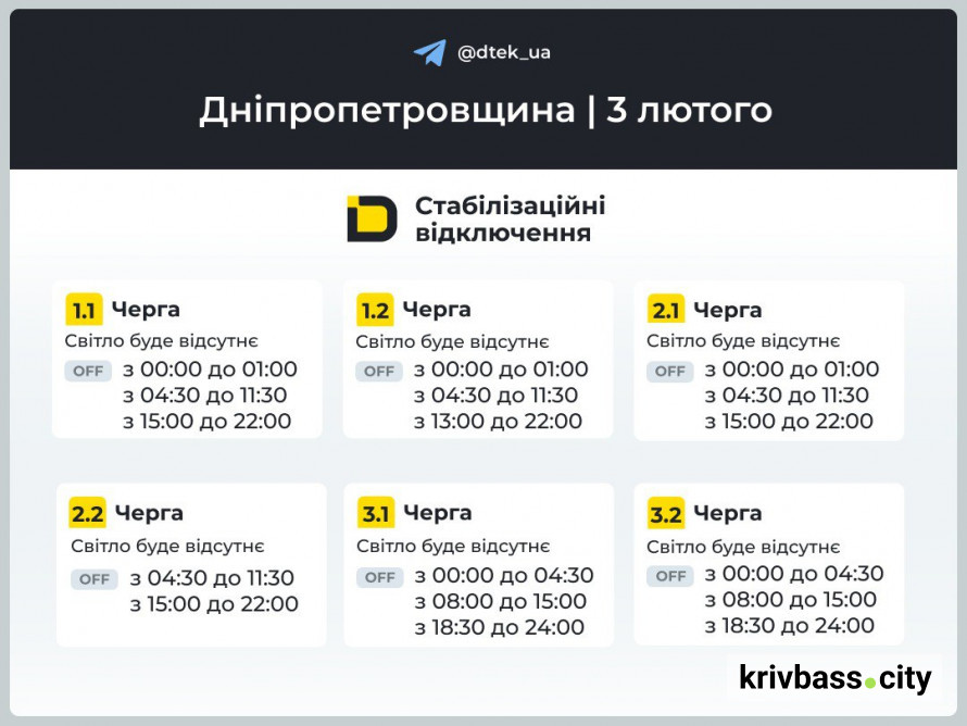 Кривий Ріг без світла 3 лютого: ОНОВЛЕНІ ГРАФІКИ ВІДКЛЮЧЕНЬ від ДТЕК