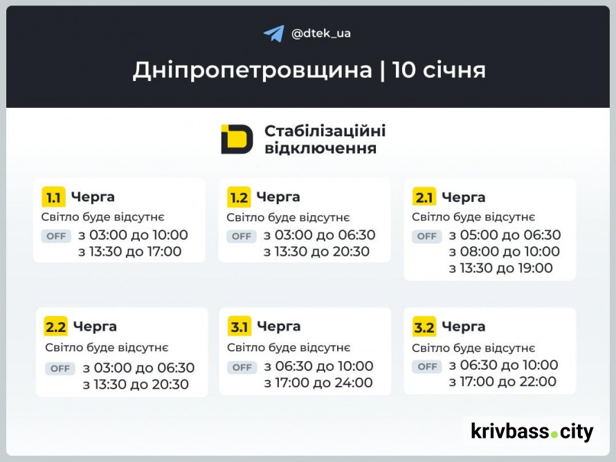 Відключення світла 10 січня у Кривому Розі: графіки від фахівців ДТЕК