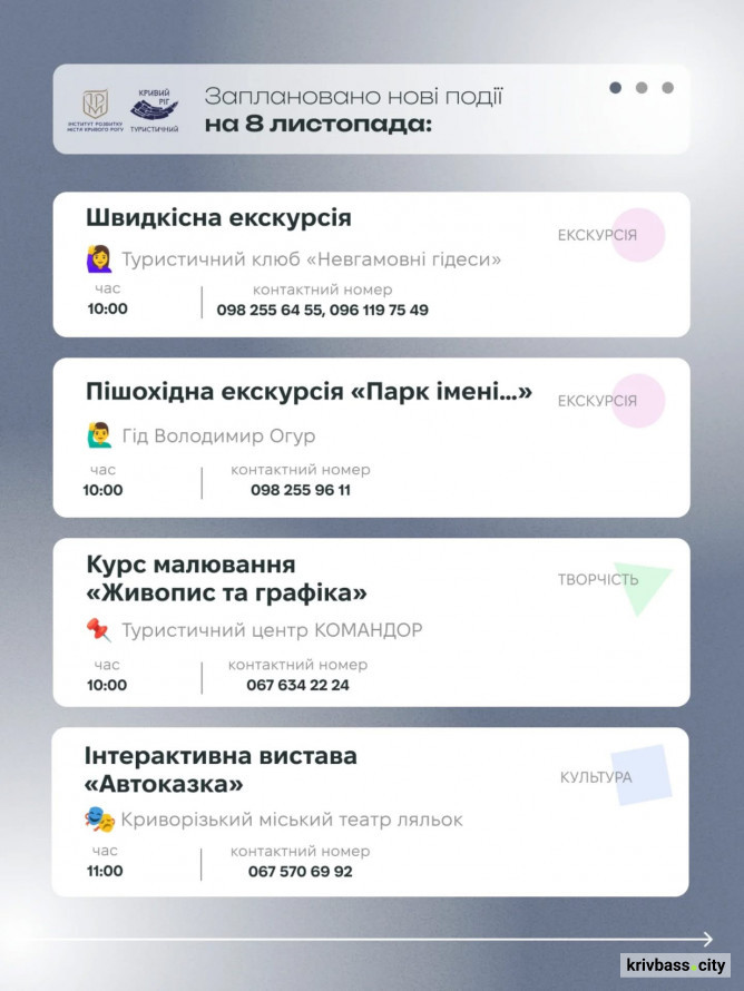 Криворізький вікенд: містян запрошують на цікаві заходи 8 та 9 листопада
