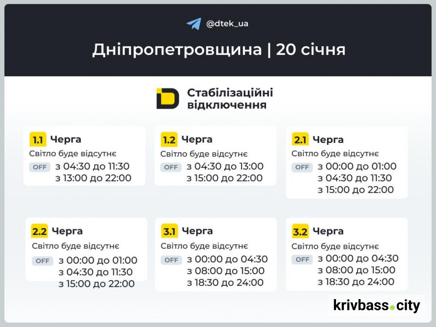 Відключення світла у Кривому Розі 20 січня: які ГРАФІКИ  прогнозують фахівці ДТЕК