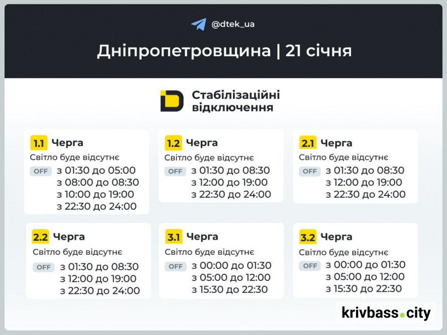 Кривий Ріг без світла 21 січня: ГРАФІКИ ВІДКЛЮЧЕНЬ від фахівців ДТЕК