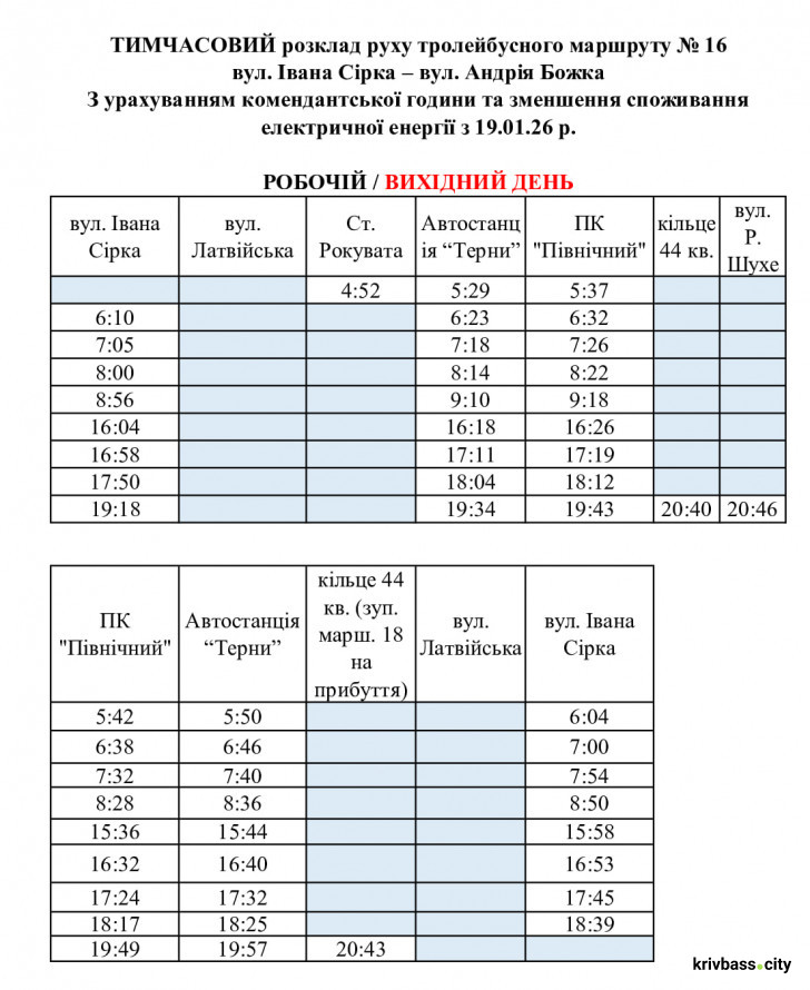 Тролейбус №16 у Кривому Розі курсує за новим графіком: свіжі новини про рух міського транспорту