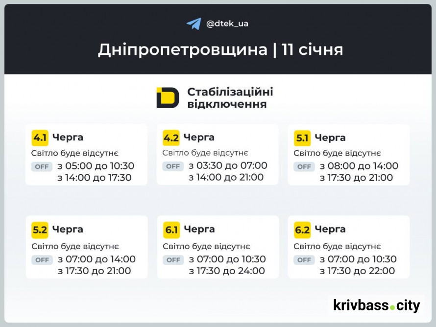 Кривий Ріг без світла: орієнтовні ГРАФІКИ ВІДКЛЮЧЕНЬ від ДТЕК на 11 січня