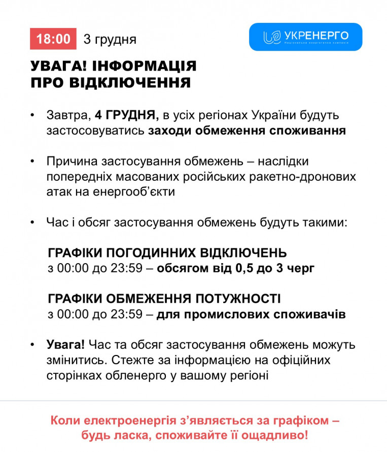 Кривий Ріг без світла: графіки відключень на 4 грудня