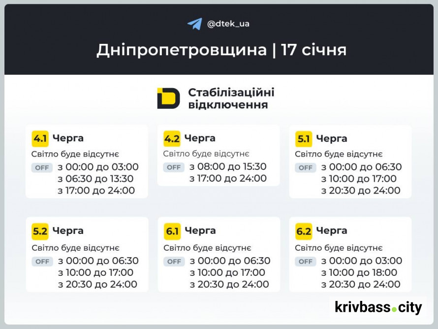 Графіки відключень світла на 17 січня: які прогнози від ДТЕК для Кривого Рогу