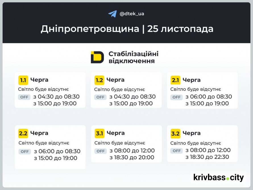 Яка ситуація зі світлом буде 25 листопада у Кривому Розі: ГРАФІКИ від ДТЕК