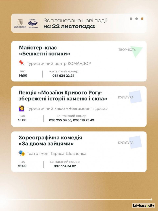 Криворізький вікенд: культурні та туристичні події Кривого Рогу на 22 та 23 листопада