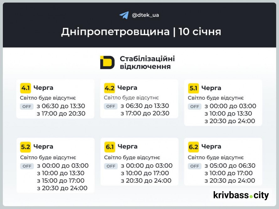 Відключення світла 10 січня у Кривому Розі: графіки від фахівців ДТЕК