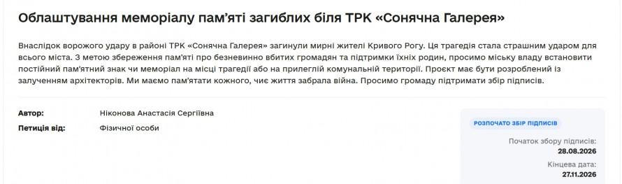 Пам’ять про жертв атаки на «Сонячну Галерею»: криворіжці збирають підписи під петицією