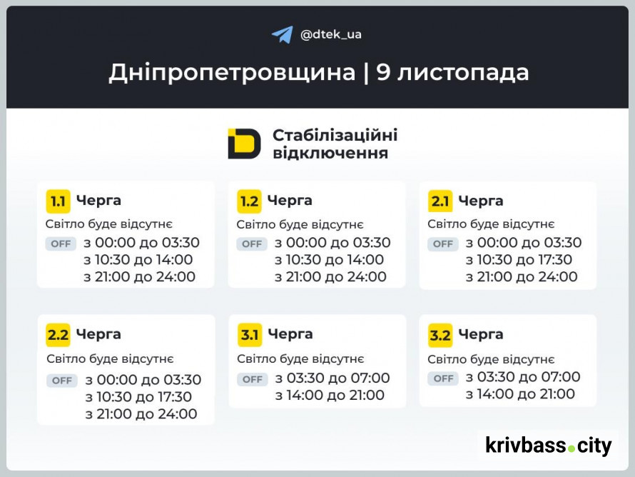 Кривий Ріг без світла: нові графіки від ДТЕК на 9 листопада