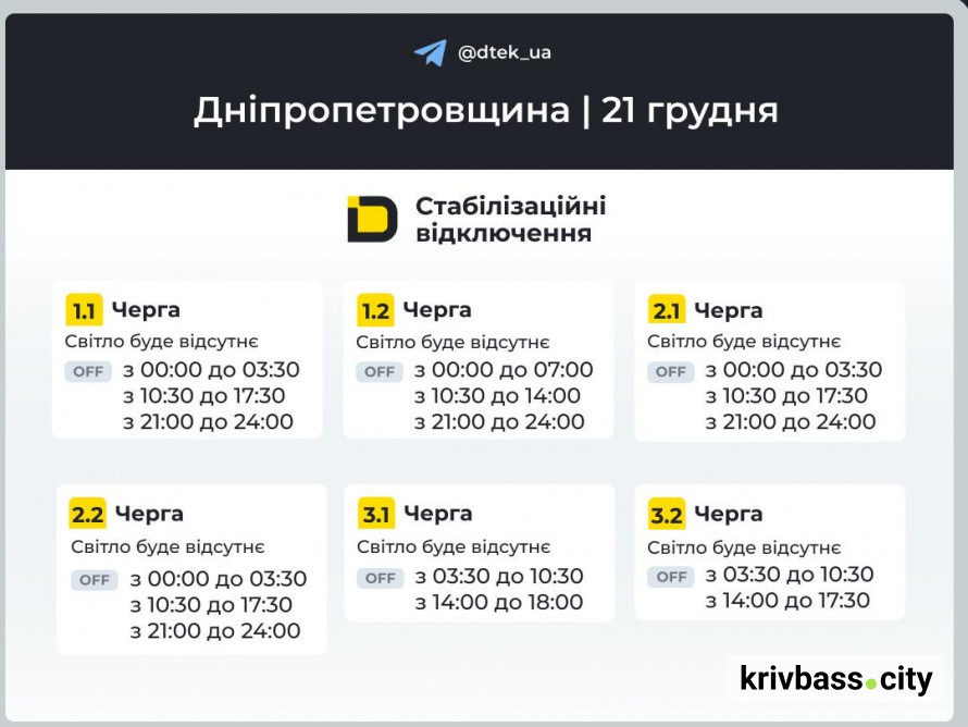 Графіки відключень на 21 грудня для Кривого Рогу: чи збільшиться кількість годин зі світлом
