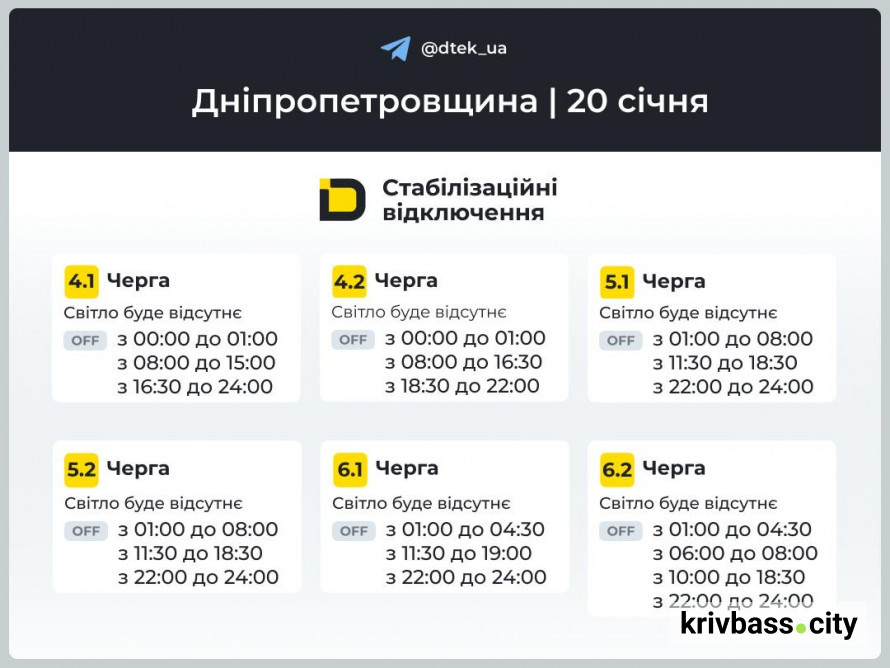 Відключення світла у Кривому Розі 20 січня: які ГРАФІКИ  прогнозують фахівці ДТЕК