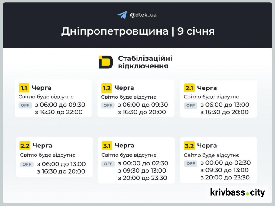 Відключення світла у Кривому Розі 9 січня: чи зміняться ГРАФІКИ від ДТЕК