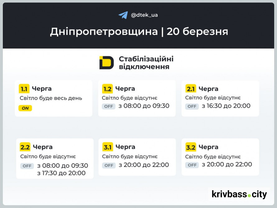 Графіки відключень у Кривому Розі повернулися: коли не буде світла 20 березня