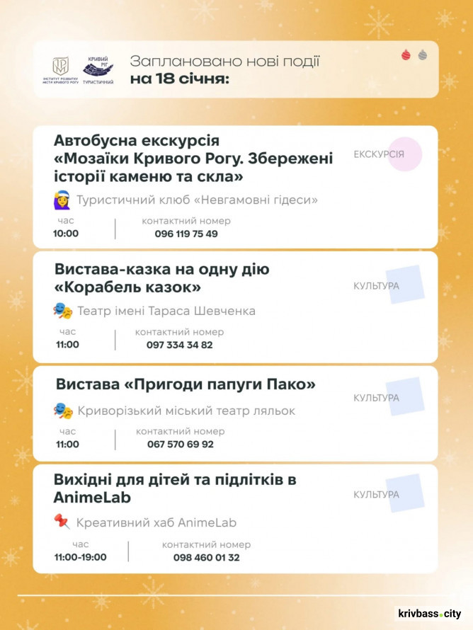 Криворізький вікенд: як провести час з рідними 17 та 18 січня в місті