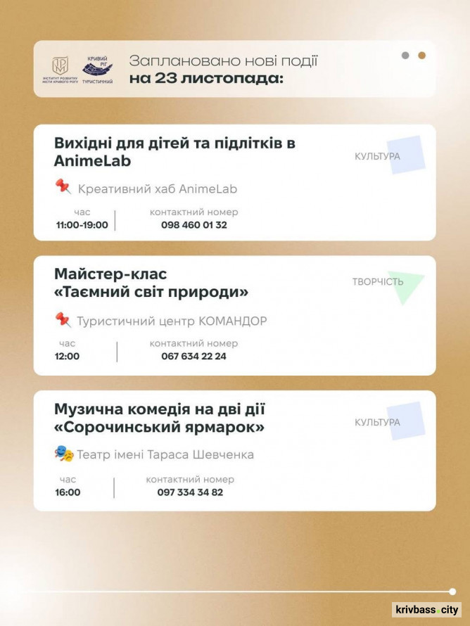 Криворізький вікенд: культурні та туристичні події Кривого Рогу на 22 та 23 листопада