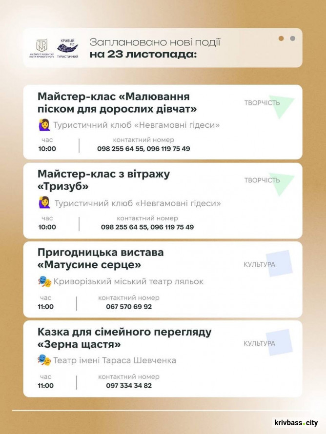 Криворізький вікенд: культурні та туристичні події Кривого Рогу на 22 та 23 листопада